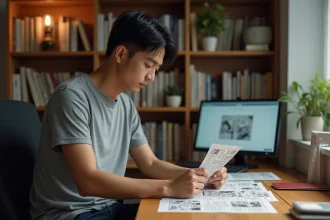Jeune homme examinant des planches manga One Piece en haute qualité sur un bureau en bois
