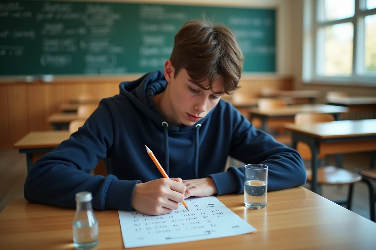 Étudiant adolescent résolvant des exercices de conversion de millilitres en litres sur une feuille de travail posée sur un bureau scolaire avec des contenants de référence