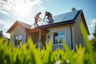 Famille moderne installant des panneaux solaires sur le toit