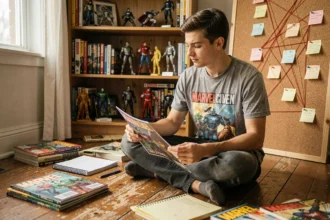 Fan Marvel analysant des théories sur un tableau de liège couvert de notes et de fils rouges entouré de comics