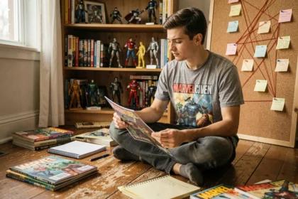 Fan Marvel analysant des théories sur un tableau de liège couvert de notes et de fils rouges entouré de comics