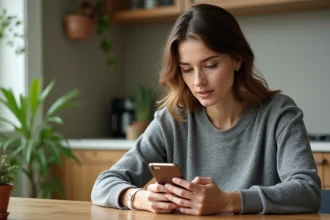 Femme concentrée jouant à 4 Images 1 Mot sur smartphone, cherchant une solution de 7 lettres à table
