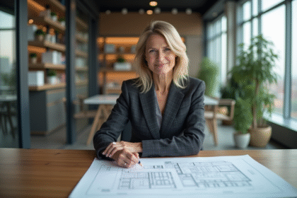 Femme d'affaires en costume examine des plans architecturaux