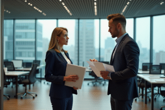 Femme d'affaires en costume navy discutant avec un collègue au bureau