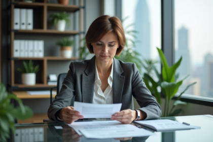 Femme d'affaires examinant des papiers financiers dans un bureau moderne