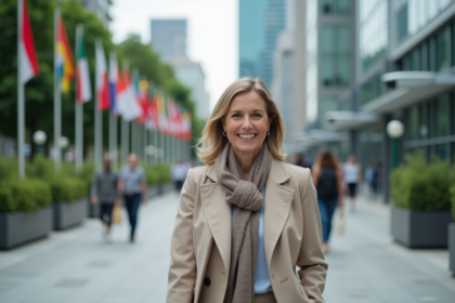 Femme d'affaires souriante dans une rue animée