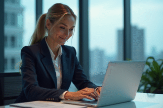 Femme d'affaires confiante en costume bleu dans un bureau moderne
