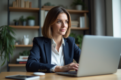 Femme professionnelle au bureau avec ordinateur et banque en ligne
