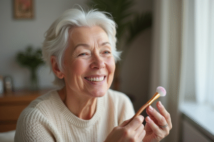 Femme élégante appliquant un blush rose naturel sur ses joues