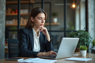 Jeune femme au bureau analysant des graphiques numériques