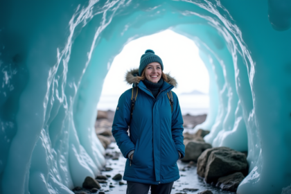 Jeune femme admirant une grotte de glace en Islande