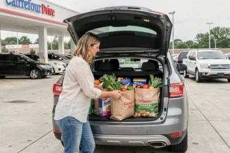 Femme chargeant de grosses courses familiales dans le coffre d'un SUV dans une borne Carrefour Drive