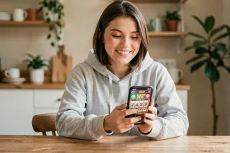 Jeune femme jouant à Coin Master sur smartphone à la maison pour obtenir des tours gratuits en 2026