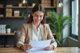 Femme souriante examinant des documents immobiliers dans un bureau moderne