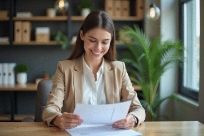 Femme souriante examinant des documents immobiliers dans un bureau moderne