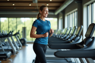 Femme souriante courant sur un tapis de course en salle de sport