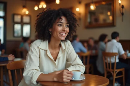 Femme attentive écoutant activement son interlocuteur dans un café parisien, illustrant la distinction entre écouter et entendre dans un dialogue