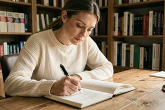 Femme concentrée écrivant dans un carnet avec un stylo plume, entourée de livres de grammaire française, illustrant la correction orthographique