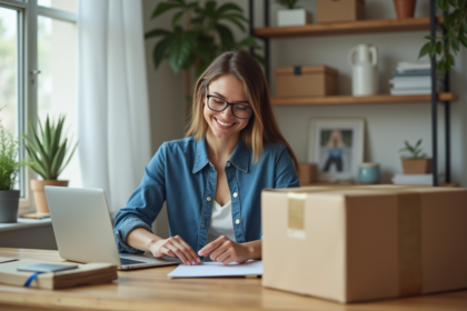 Jeune femme emballant un colis dans un bureau lumineux