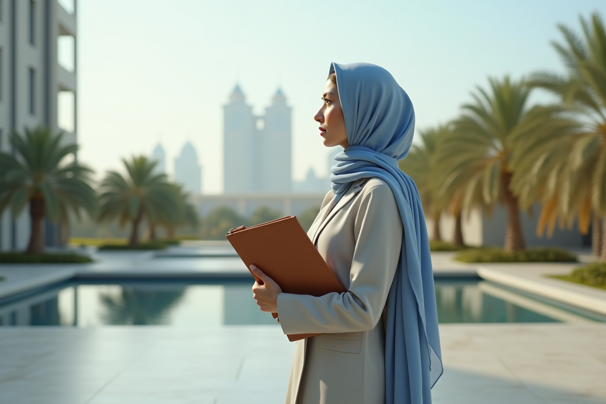 Femme Emirati regardant depuis une terrasse en marbre à Dubai