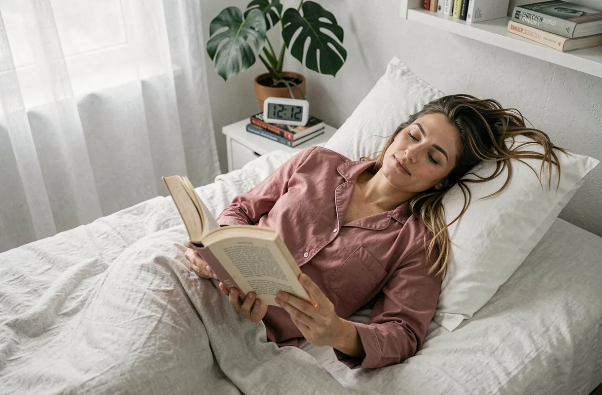 Femme allongée dans sa chambre tenant un livre de numérologie avec une horloge affichant 12h12, exploration spirituelle de la signification amoureuse des heures miroir