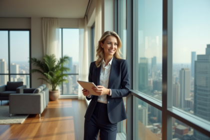 Femme confiante avec tablette dans un appartement moderne