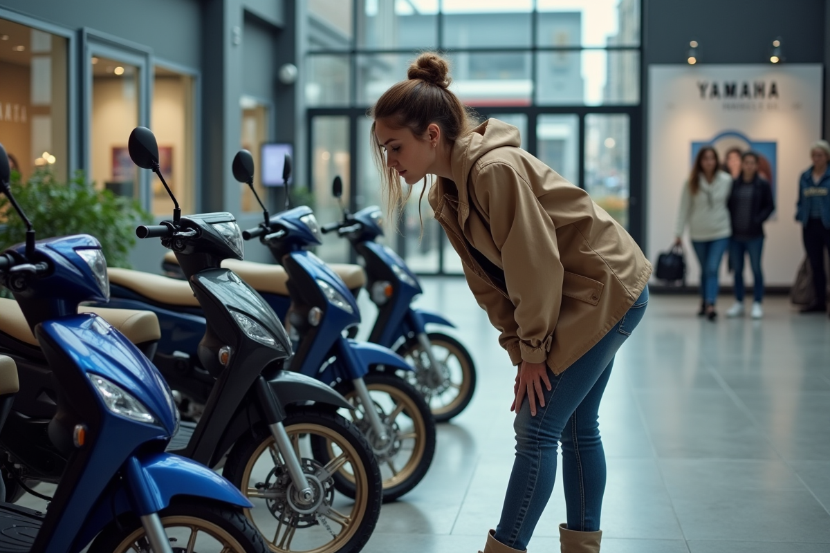 Femme regardant des minimotos Yamaha PW 50 en showroom