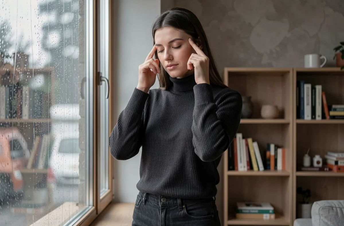 Femme les yeux fermés près d'une fenêtre pluvieuse en introspection spirituelle, flash lumineux et perceptions intérieures