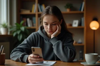 Jeune femme concentrée jouant à un jeu d'évasion mobile avec indices sur smartphone