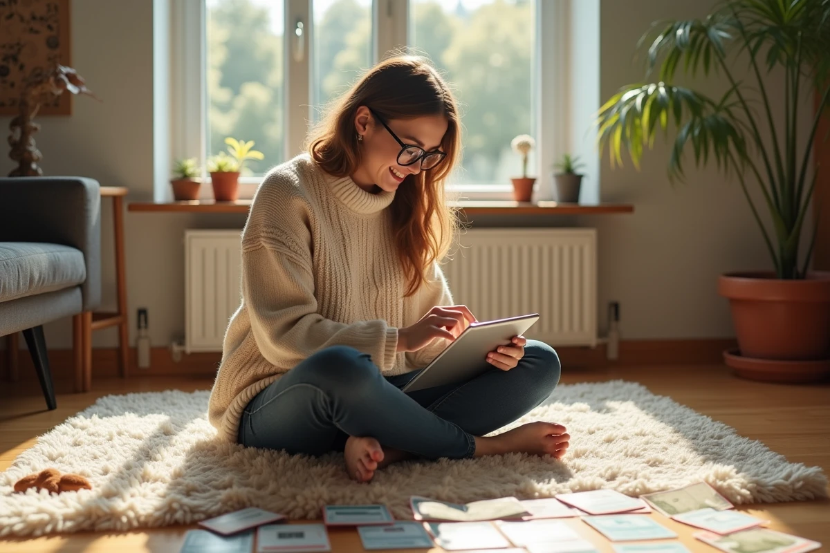 Femme en sweater jouant à Pokémon TCG sur tablette au sol