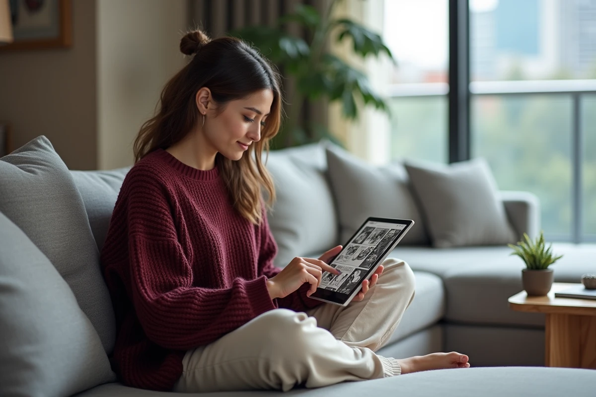 Femme consultant des scans One Piece haute définition sur une tablette dans un salon moderne