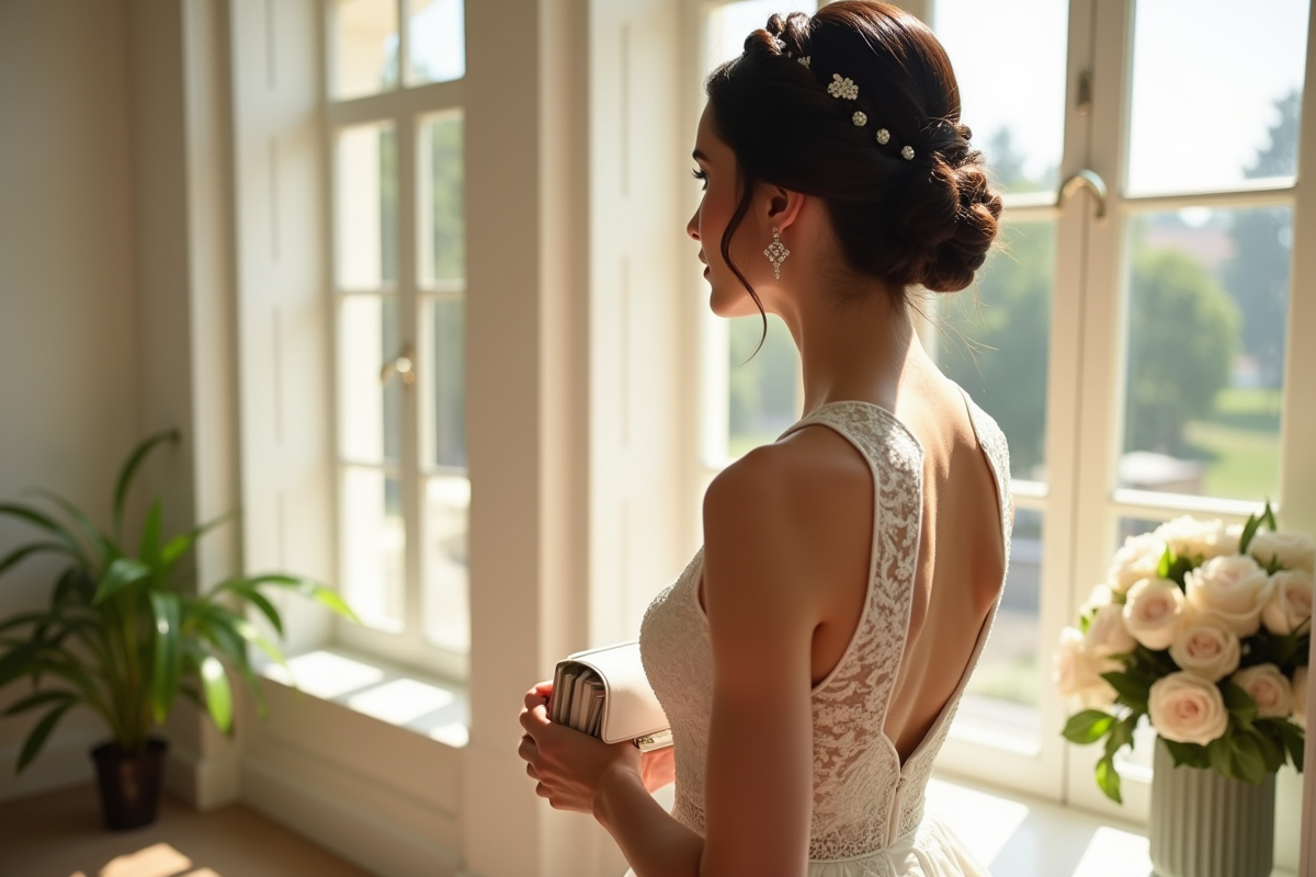 Femme élégante avec chignon tressé admirant la décoration de mariage