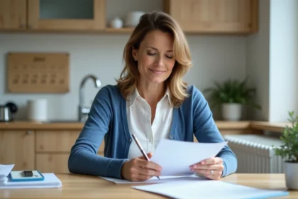 Femme lisant une lettre dans une cuisine moderne