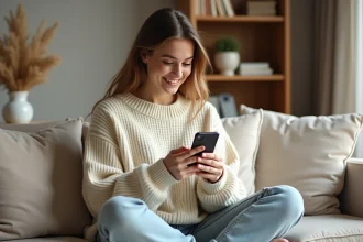 Jeune femme souriante lisant un poème d'amour touchant sur son smartphone dans un salon chaleureux
