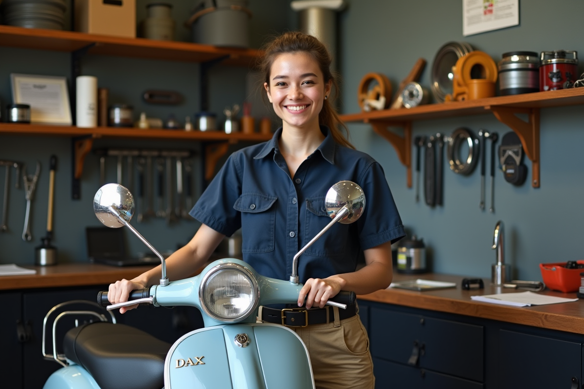 Femme mécanicienne souriante avec moto dans un atelier
