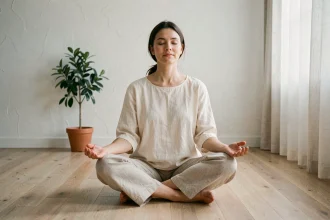 Femme en méditation les yeux fermés dans une pièce minimaliste, illustrant la spiritualité et la perception intérieure