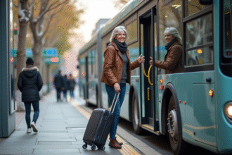 Femme souriante montant un bus moderne en ville