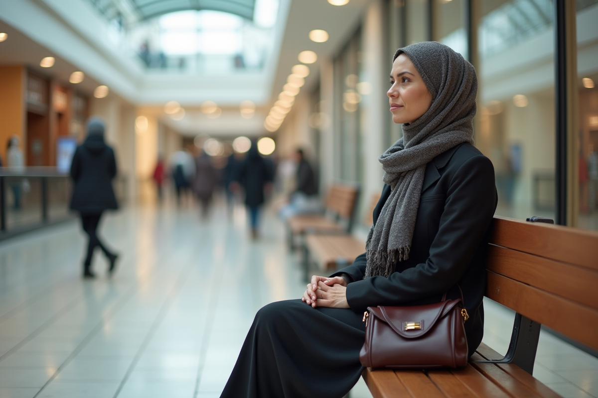 Femme musulmane assise dans un centre commercial lumineux
