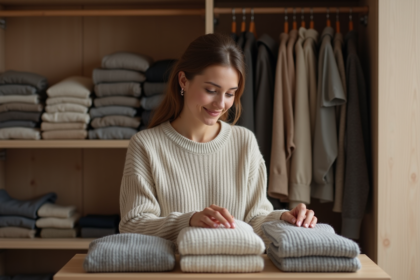 Femme organisée dans un dressing moderne et cosy
