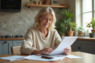 Femme concentrée vérifiant ses factures dans la cuisine