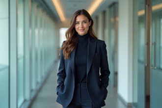 Femme confiante en tailleur navy dans un bureau moderne