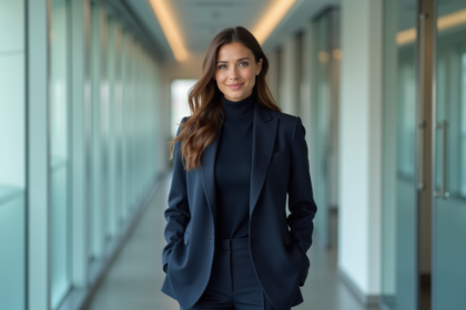 Femme confiante en tailleur navy dans un bureau moderne