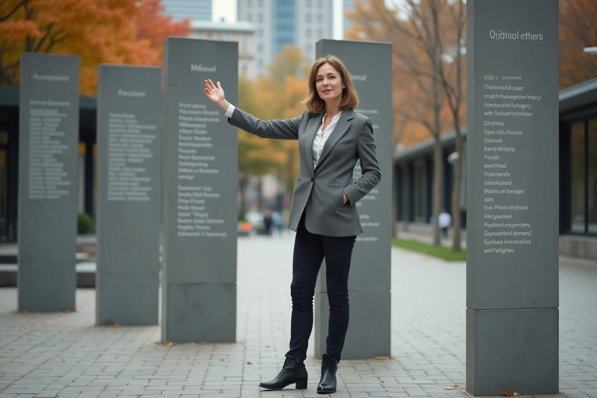 Femme pointant vers des piliers gravés dans un espace urbain