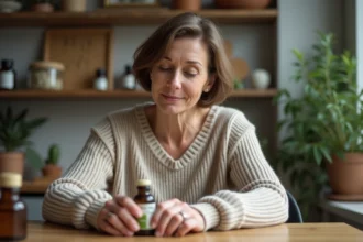 Femme contemplant des flacons de remèdes homeopathiques dans la cuisine