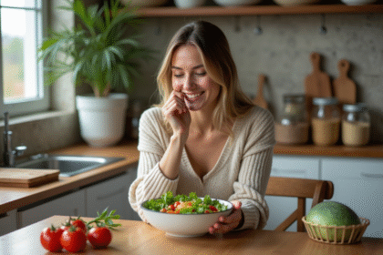 Femme souriante dégustant une salade maison dans la cuisine