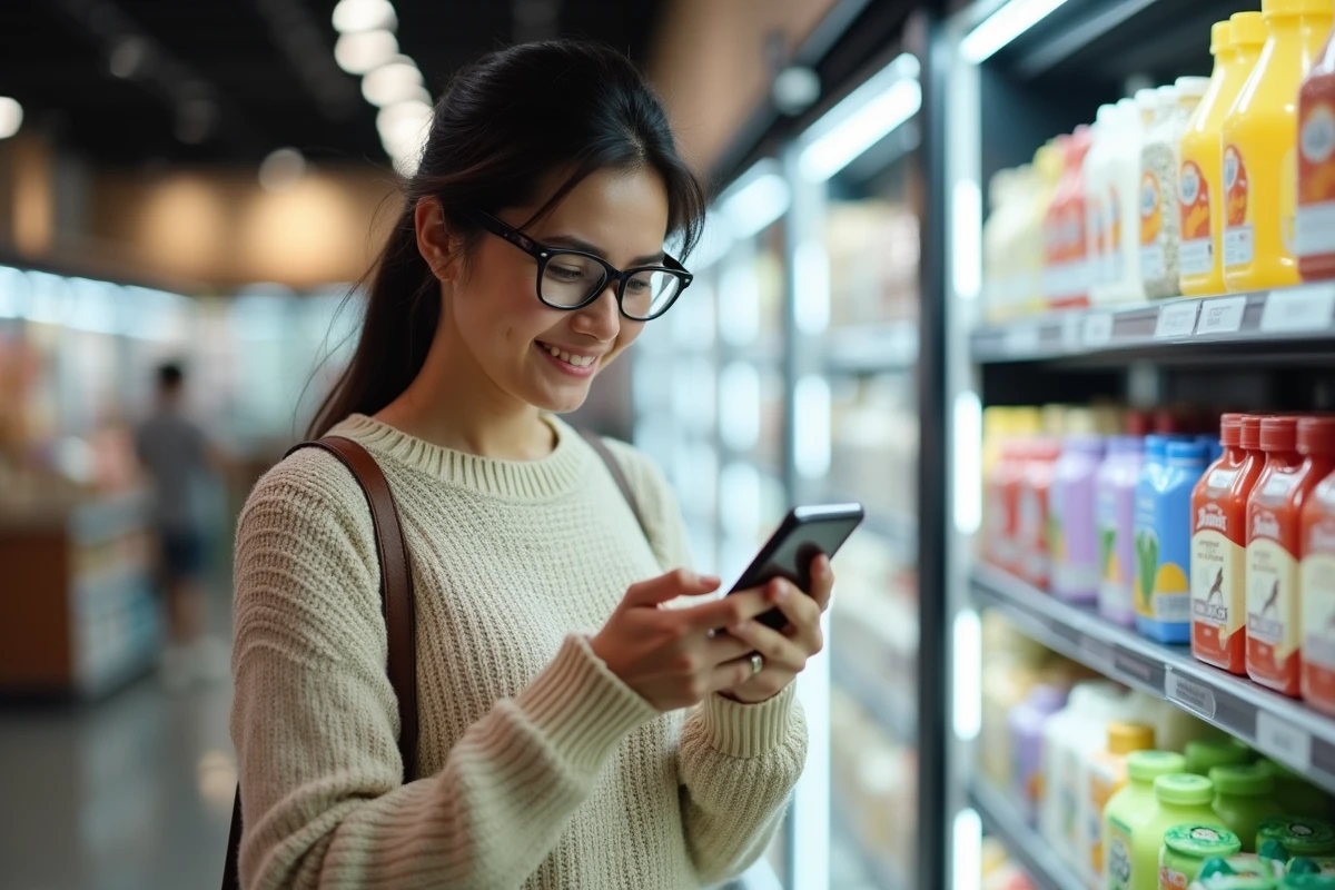 Femme scannant un code QR en faisant ses courses