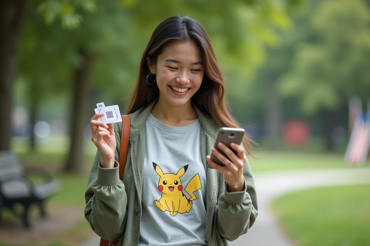 Jeune femme scanne un QR code de carte Pokémon dans un parc