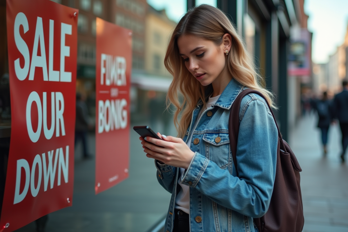 Jeune femme regardant son smartphone devant un magasin en soldes