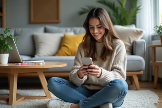 Femme assise sur un tapis avec smartphone dans un salon cosy