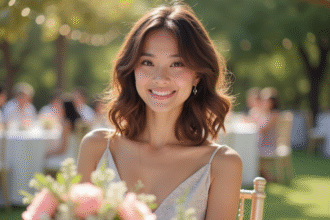 Jeune femme souriante en robe pastel lors d'un mariage en extérieur
